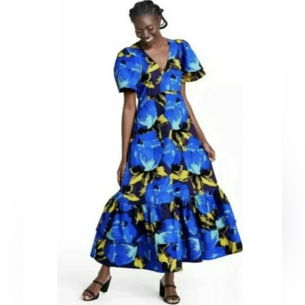 Christopher John Rogers X Target Maxi Dress 2 Blue Floral Flutter Sleeve Tiered